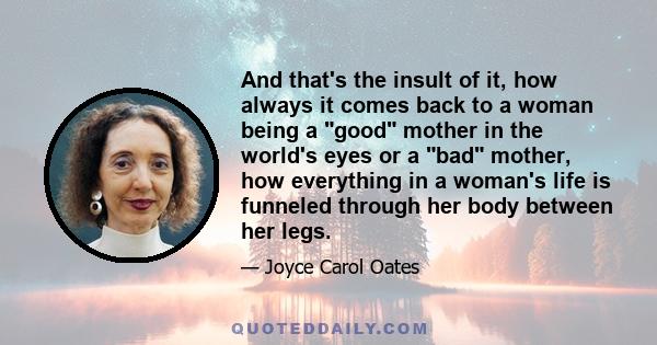 And that's the insult of it, how always it comes back to a woman being a good mother in the world's eyes or a bad mother, how everything in a woman's life is funneled through her body between her legs.