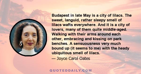 Budapest in late May is a city of lilacs. The sweet, languid, rather sleepy smell of lilacs wafts everywhere. And it is a city of lovers, many of them quite middle-aged. Walking with their arms around each other,