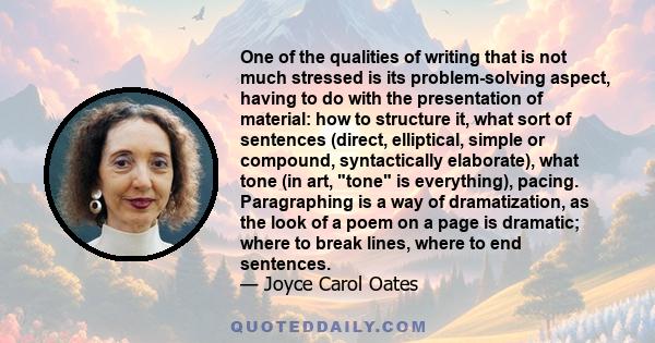 One of the qualities of writing that is not much stressed is its problem-solving aspect, having to do with the presentation of material: how to structure it, what sort of sentences (direct, elliptical, simple or