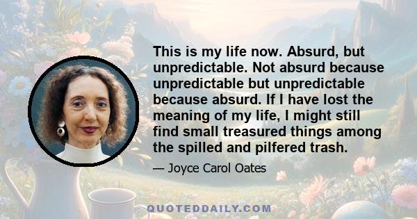 This is my life now. Absurd, but unpredictable. Not absurd because unpredictable but unpredictable because absurd. If I have lost the meaning of my life, I might still find small treasured things among the spilled and