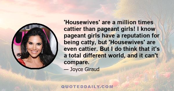 'Housewives' are a million times cattier than pageant girls! I know pageant girls have a reputation for being catty, but 'Housewives' are even cattier. But I do think that it's a total different world, and it can't