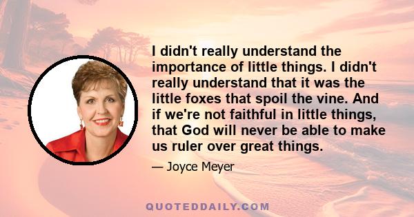 I didn't really understand the importance of little things. I didn't really understand that it was the little foxes that spoil the vine. And if we're not faithful in little things, that God will never be able to make us 