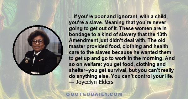 ... if you're poor and ignorant, with a child, you're a slave. Meaning that you're never going to get out of it. These women are in bondage to a kind of slavery that the 13th Amendment just didn't deal with. The old