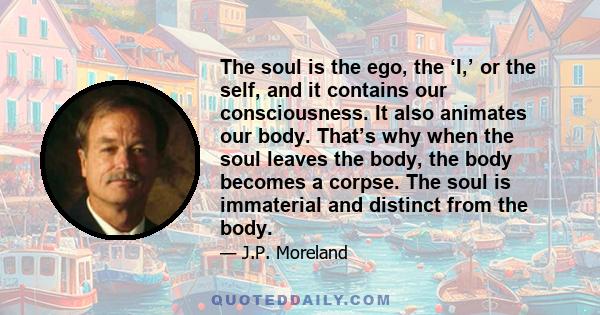 The soul is the ego, the ‘I,’ or the self, and it contains our consciousness. It also animates our body. That’s why when the soul leaves the body, the body becomes a corpse. The soul is immaterial and distinct from the