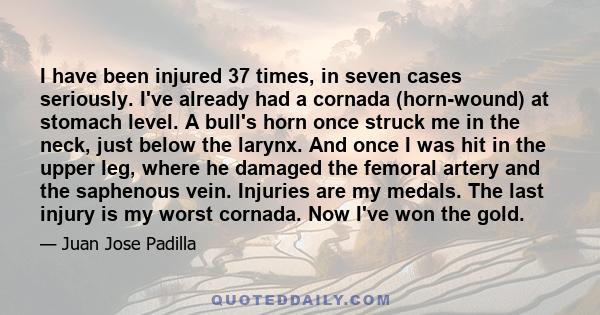 I have been injured 37 times, in seven cases seriously. I've already had a cornada (horn-wound) at stomach level. A bull's horn once struck me in the neck, just below the larynx. And once I was hit in the upper leg,