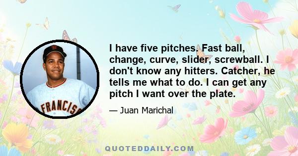 I have five pitches. Fast ball, change, curve, slider, screwball. I don't know any hitters. Catcher, he tells me what to do. I can get any pitch I want over the plate.