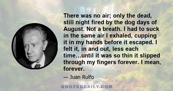 There was no air; only the dead, still night fired by the dog days of August. Not a breath. I had to suck in the same air I exhaled, cupping it in my hands before it escaped. I felt it, in and out, less each time…until