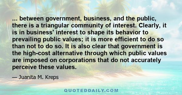 ... between government, business, and the public, there is a triangular community of interest. Clearly, it is in business' interest to shape its behavior to prevailing public values; it is more efficient to do so than