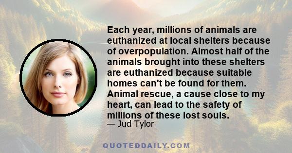 Each year, millions of animals are euthanized at local shelters because of overpopulation. Almost half of the animals brought into these shelters are euthanized because suitable homes can't be found for them. Animal