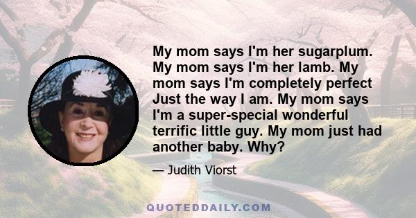 My mom says I'm her sugarplum. My mom says I'm her lamb. My mom says I'm completely perfect Just the way I am. My mom says I'm a super-special wonderful terrific little guy. My mom just had another baby. Why?