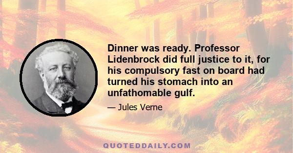 Dinner was ready. Professor Lidenbrock did full justice to it, for his compulsory fast on board had turned his stomach into an unfathomable gulf.