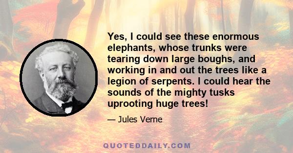 Yes, I could see these enormous elephants, whose trunks were tearing down large boughs, and working in and out the trees like a legion of serpents. I could hear the sounds of the mighty tusks uprooting huge trees!