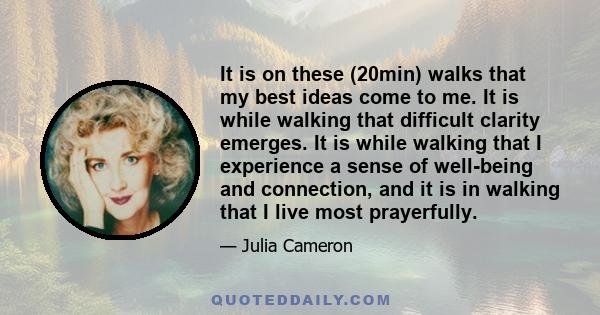 It is on these (20min) walks that my best ideas come to me. It is while walking that difficult clarity emerges. It is while walking that I experience a sense of well-being and connection, and it is in walking that I