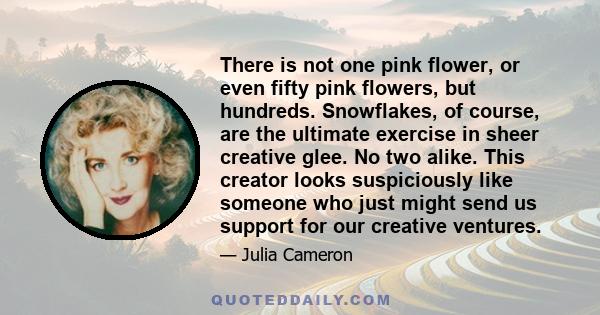 There is not one pink flower, or even fifty pink flowers, but hundreds. Snowflakes, of course, are the ultimate exercise in sheer creative glee. No two alike. This creator looks suspiciously like someone who just might