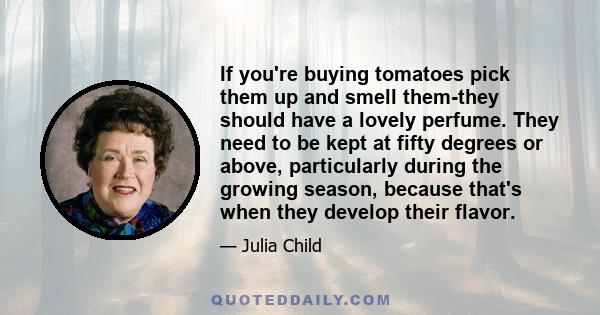 If you're buying tomatoes pick them up and smell them-they should have a lovely perfume. They need to be kept at fifty degrees or above, particularly during the growing season, because that's when they develop their