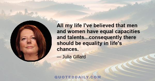 All my life I've believed that men and women have equal capacities and talents...consequently there should be equality in life's chances.