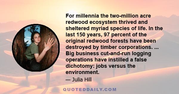 For millennia the two-million acre redwood ecosystem thrived and sheltered myriad species of life. In the last 150 years, 97 percent of the original redwood forests have been destroyed by timber corporations. ... Big