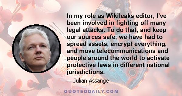 In my role as Wikileaks editor, I've been involved in fighting off many legal attacks. To do that, and keep our sources safe, we have had to spread assets, encrypt everything, and move telecommunications and people