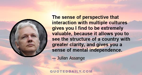 The sense of perspective that interaction with multiple cultures gives you I find to be extremely valuable, because it allows you to see the structure of a country with greater clarity, and gives you a sense of mental