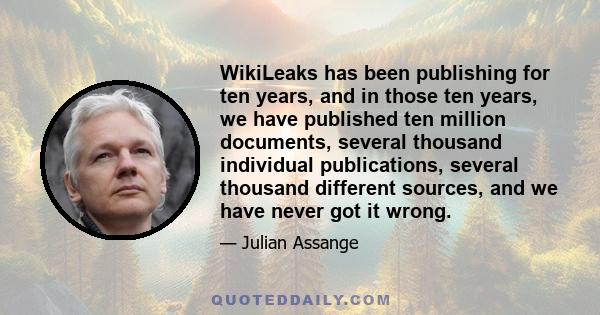 WikiLeaks has been publishing for ten years, and in those ten years, we have published ten million documents, several thousand individual publications, several thousand different sources, and we have never got it wrong.