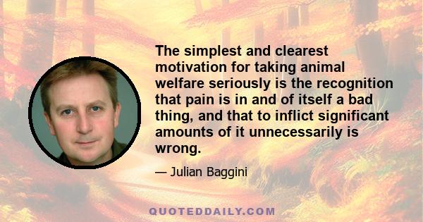 The simplest and clearest motivation for taking animal welfare seriously is the recognition that pain is in and of itself a bad thing, and that to inflict significant amounts of it unnecessarily is wrong.