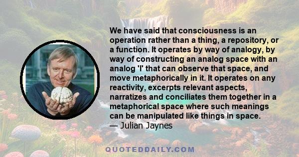 We have said that consciousness is an operation rather than a thing, a repository, or a function. It operates by way of analogy, by way of constructing an analog space with an analog 'I' that can observe that space, and 