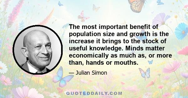 The most important benefit of population size and growth is the increase it brings to the stock of useful knowledge. Minds matter economically as much as, or more than, hands or mouths.