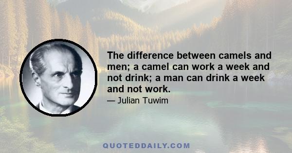 The difference between camels and men; a camel can work a week and not drink; a man can drink a week and not work.