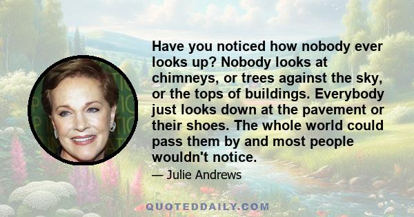 Have you noticed how nobody ever looks up? Nobody looks at chimneys, or trees against the sky, or the tops of buildings. Everybody just looks down at the pavement or their shoes. The whole world could pass them by and