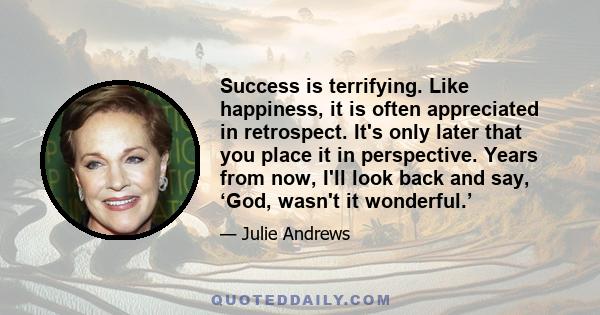 Success is terrifying. Like happiness, it is often appreciated in retrospect. It's only later that you place it in perspective. Years from now, I'll look back and say, ‘God, wasn't it wonderful.’