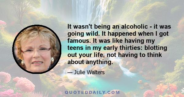 It wasn't being an alcoholic - it was going wild. It happened when I got famous. It was like having my teens in my early thirties: blotting out your life, not having to think about anything.