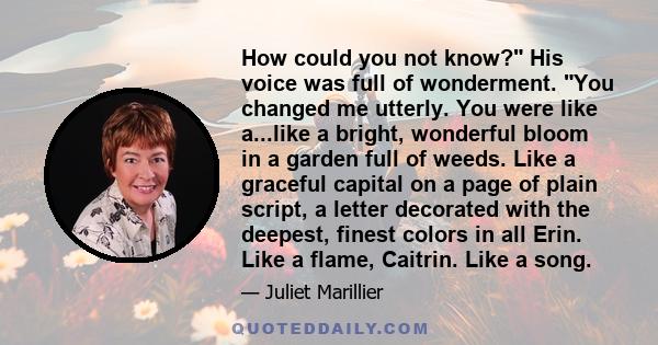 How could you not know? His voice was full of wonderment. You changed me utterly. You were like a...like a bright, wonderful bloom in a garden full of weeds. Like a graceful capital on a page of plain script, a letter