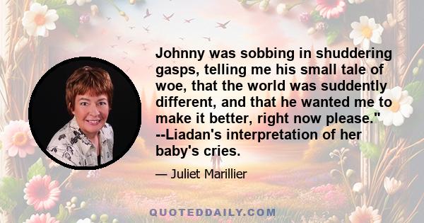 Johnny was sobbing in shuddering gasps, telling me his small tale of woe, that the world was suddently different, and that he wanted me to make it better, right now please. --Liadan's interpretation of her baby's cries.