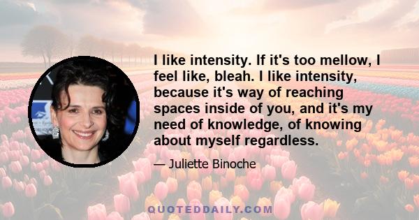 I like intensity. If it's too mellow, I feel like, bleah. I like intensity, because it's way of reaching spaces inside of you, and it's my need of knowledge, of knowing about myself regardless.