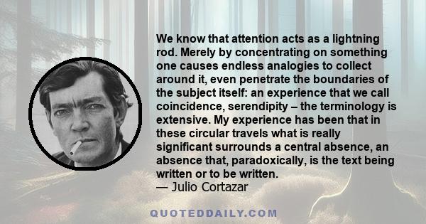 We know that attention acts as a lightning rod. Merely by concentrating on something one causes endless analogies to collect around it, even penetrate the boundaries of the subject itself: an experience that we call