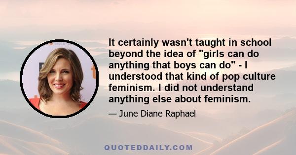 It certainly wasn't taught in school beyond the idea of girls can do anything that boys can do - I understood that kind of pop culture feminism. I did not understand anything else about feminism.