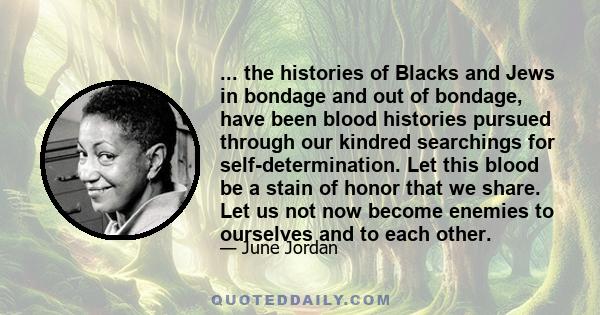 ... the histories of Blacks and Jews in bondage and out of bondage, have been blood histories pursued through our kindred searchings for self-determination. Let this blood be a stain of honor that we share. Let us not