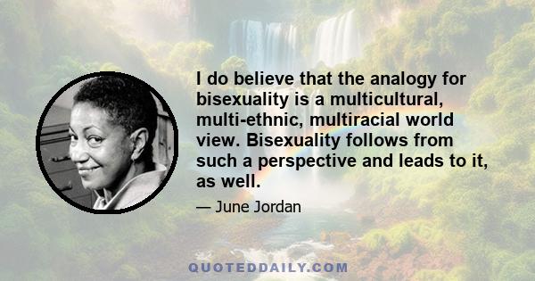 I do believe that the analogy for bisexuality is a multicultural, multi-ethnic, multiracial world view. Bisexuality follows from such a perspective and leads to it, as well.