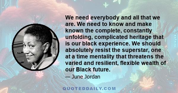 We need everybody and all that we are. We need to know and make known the complete, constantly unfolding, complicated heritage that is our black experience. We should absolutely resist the superstar, one at a time