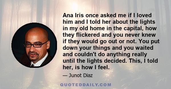 Ana Iris once asked me if I loved him and I told her about the lights in my old home in the capital, how they flickered and you never knew if they would go out or not. You put down your things and you waited and