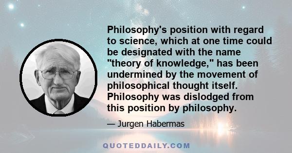 Philosophy's position with regard to science, which at one time could be designated with the name theory of knowledge, has been undermined by the movement of philosophical thought itself. Philosophy was dislodged from