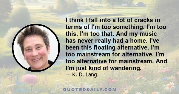 I think I fall into a lot of cracks in terms of I'm too something. I'm too this, I'm too that. And my music has never really had a home. I've been this floating alternative. I'm too mainstream for alternative. I'm too