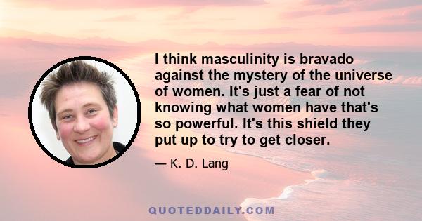 I think masculinity is bravado against the mystery of the universe of women. It's just a fear of not knowing what women have that's so powerful. It's this shield they put up to try to get closer.