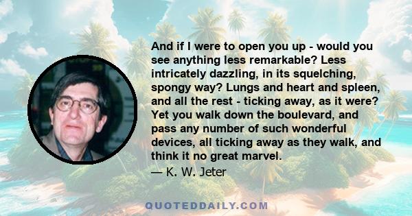 And if I were to open you up - would you see anything less remarkable? Less intricately dazzling, in its squelching, spongy way? Lungs and heart and spleen, and all the rest - ticking away, as it were? Yet you walk down 