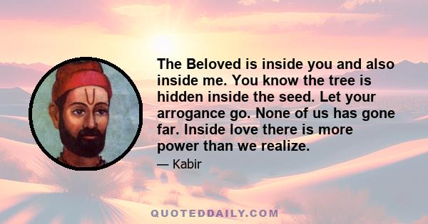 The Beloved is inside you and also inside me. You know the tree is hidden inside the seed. Let your arrogance go. None of us has gone far. Inside love there is more power than we realize.