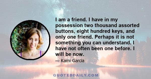 I am a friend. I have in my possession two thousand assorted buttons, eight hundred keys, and only one friend. Perhaps it is not something you can understand. I have not often been one before. I will be now.