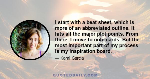 I start with a beat sheet, which is more of an abbreviated outline. It hits all the major plot points. From there, I move to note cards. But the most important part of my process is my inspiration board.