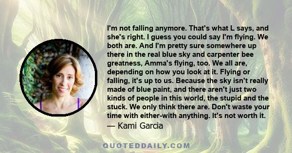 I'm not falling anymore. That's what L says, and she's right. I guess you could say I'm flying. We both are. And I'm pretty sure somewhere up there in the real blue sky and carpenter bee greatness, Amma's flying, too.