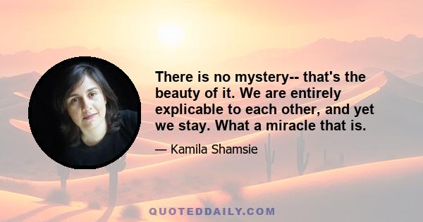 There is no mystery-- that's the beauty of it. We are entirely explicable to each other, and yet we stay. What a miracle that is.