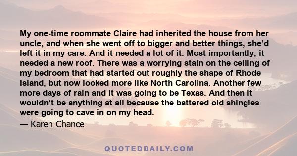 My one-time roommate Claire had inherited the house from her uncle, and when she went off to bigger and better things, she’d left it in my care. And it needed a lot of it. Most importantly, it needed a new roof. There